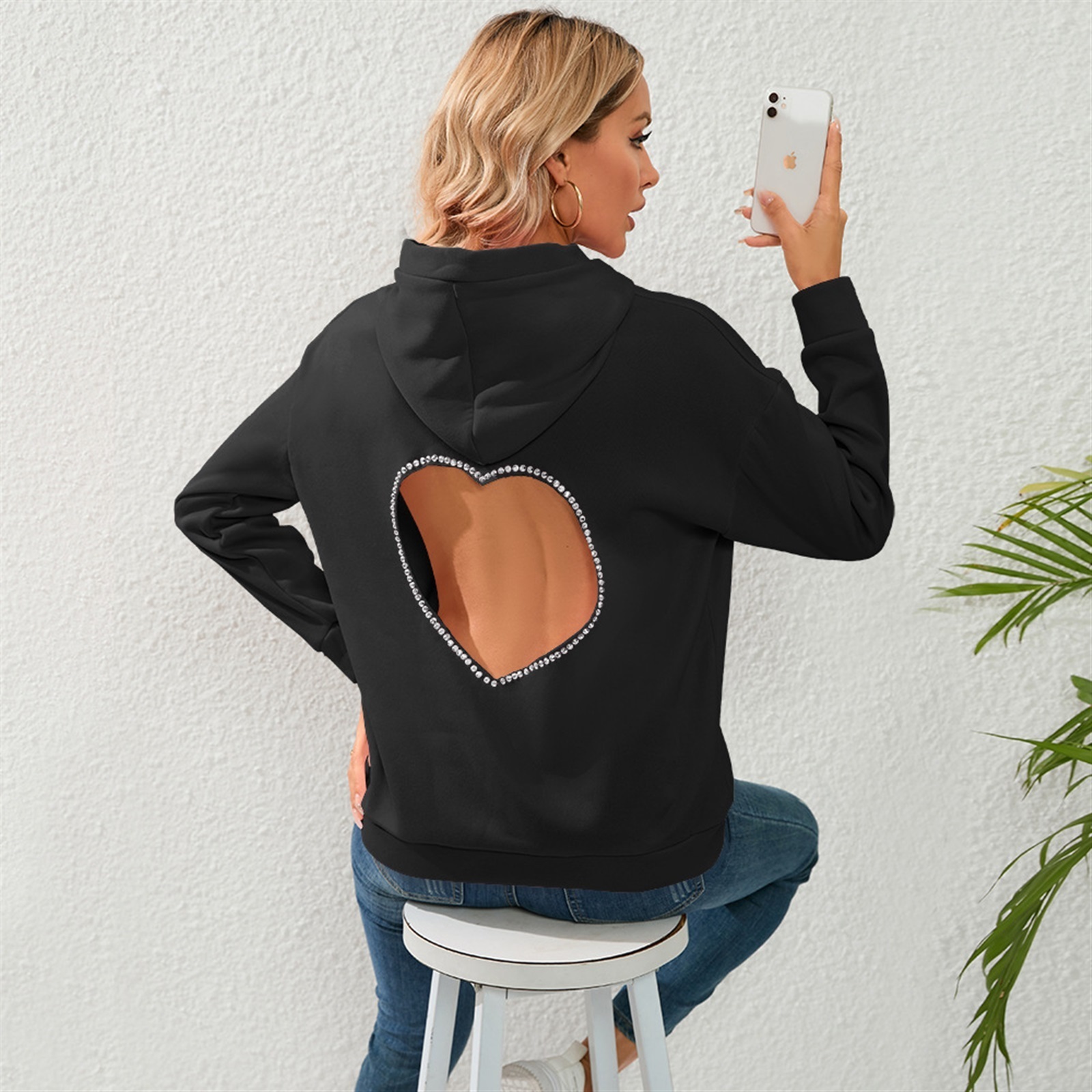 Women Hot Drill Sweatshirt Casual Long Sleeve Hoodie Comfy Trendy Solid Color Spring Fall Pullover